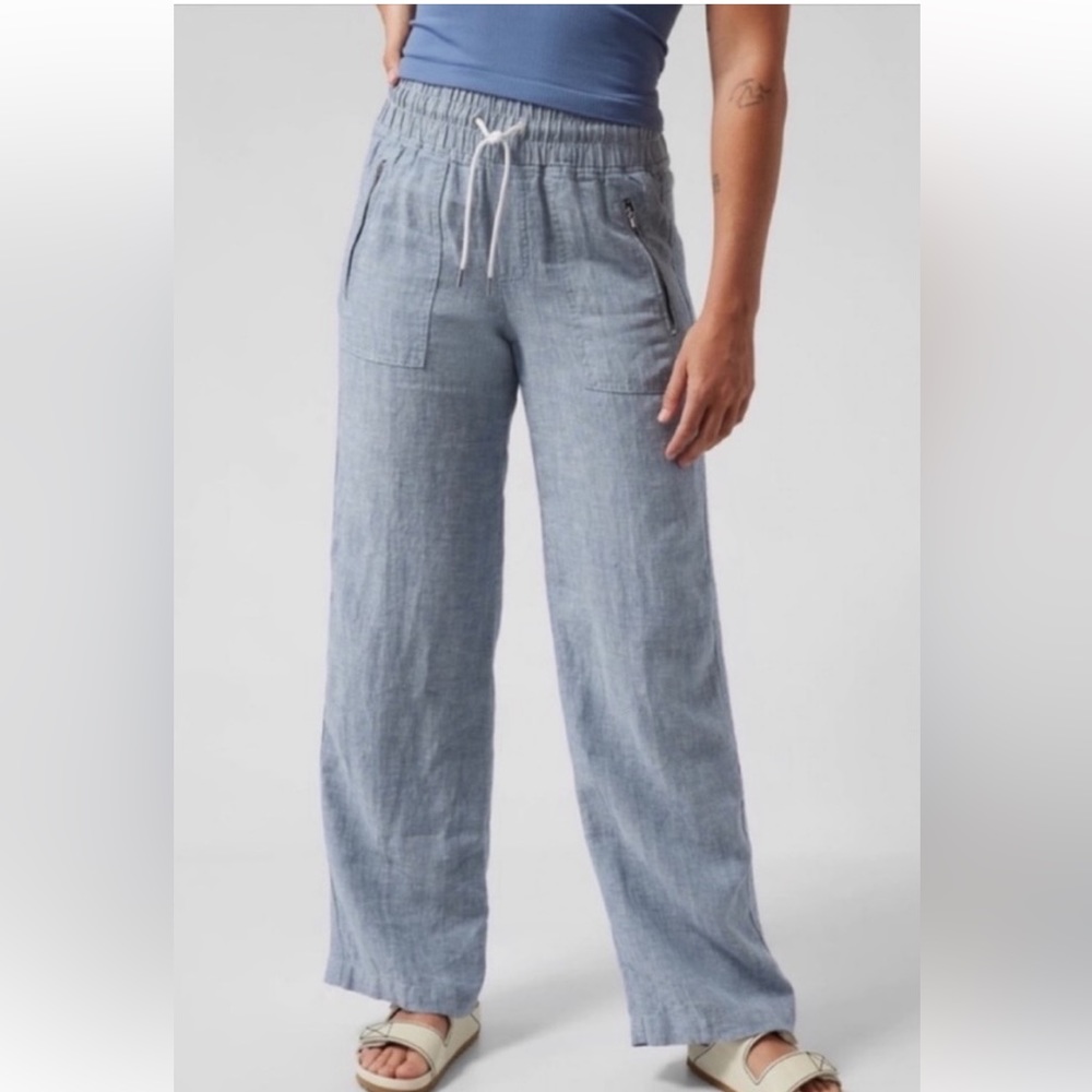 Athleta Cabo 100% Linen Wide Leg Pant Size 20 Light Blue Elastic Waist Preowned